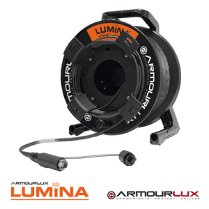 ArmourLux LUMINA™ Expanded Beam Assembly for harsh environments. Offering 2CH/4CH hermaphroditic, HMA compatible, military certified connectors, with a durable, bend insensitive tactical fibre cable.